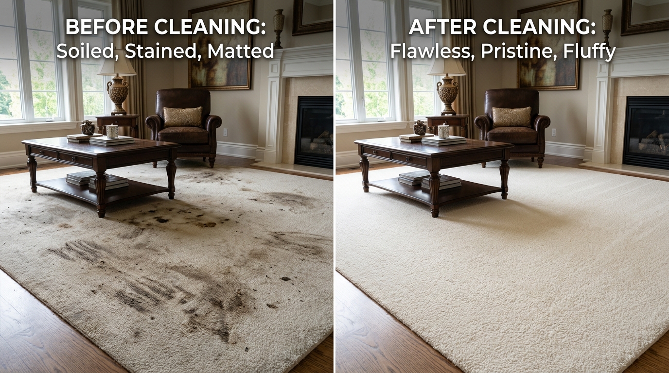 Carpet before and after cleaning: Left soiled and matted, Right pristine and fluffy