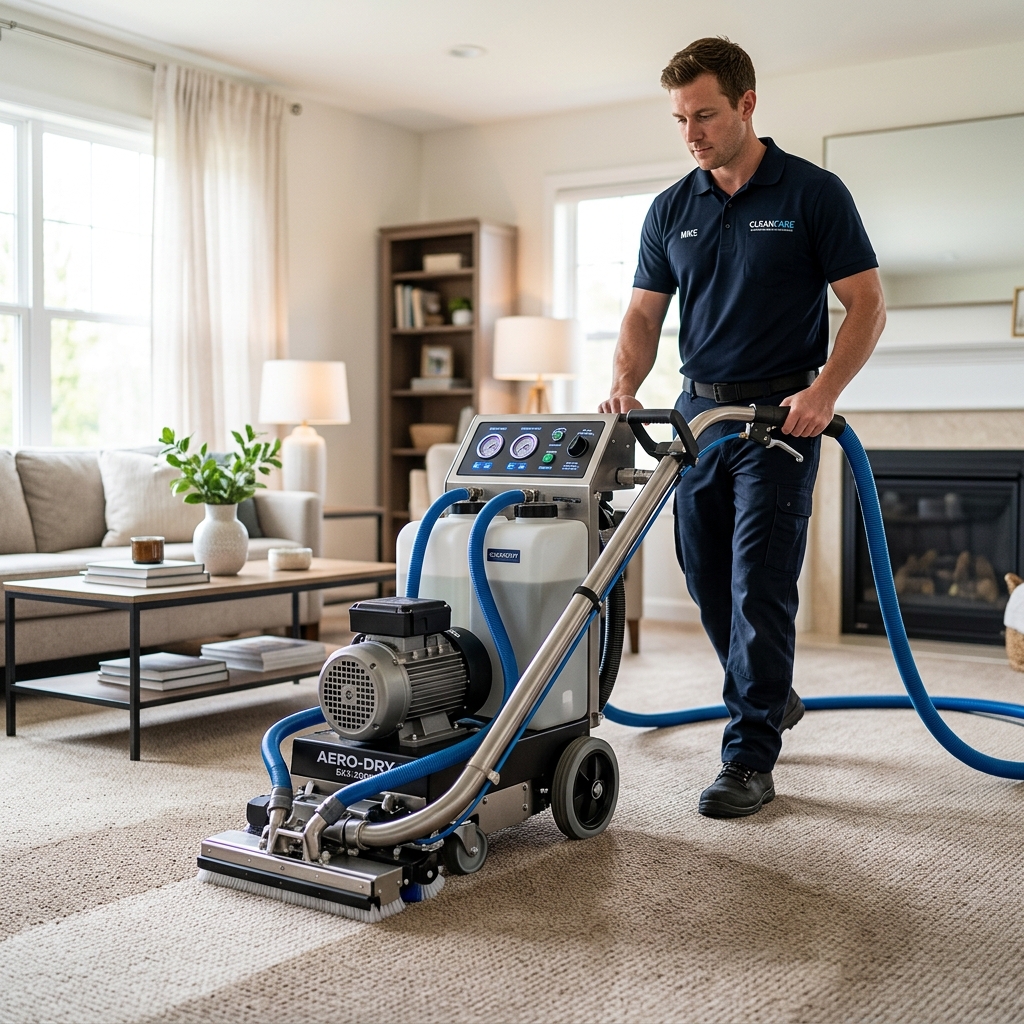 Certified carpet cleaning technician operating Aero-Dry equipment